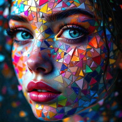 The primary subject of the image is a woman with a colorful, geometric pattern covering her face. The setting is a dark background, which contrasts with the vibrant colors of the pattern. The visual style is a combination of digital art and illustration, creating a unique and eye-catching image. The dominant colors are a mix of bright hues, such as pink, yellow, and blue, which contribute to a lively and energetic atmosphere.